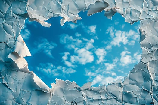 A hole in a weathered wall revealing a view of a vibrant blue sky dotted with fluffy white clouds.