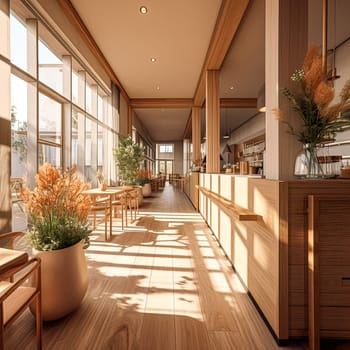 A long hallway with a wooden floor and a few potted plants. The potted plants are placed in various spots along the hallway, and there are several chairs and dining tables