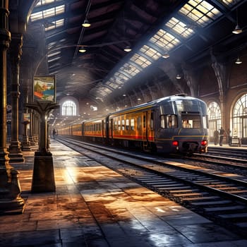 A stationary train sits at the bustling station, passengers stroll around, adding life to the scene, illustrating the vibrant activity of a busy transportation hub.