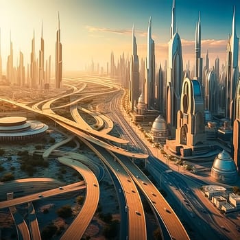 A futuristic city with tall buildings and a highway. The city is full of cars and trucks driving on the highway