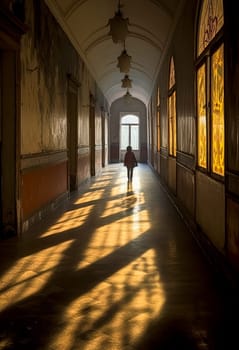 A person is walking down a long hallway with sunlight shining on them. The hallway is empty and the person is the only one in it