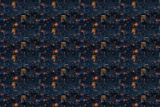 A seamless pattern featuring a repeating cityscape at night. The buildings are illuminated with warm and cool lights, while dark silhouettes of trees stand in the foreground.