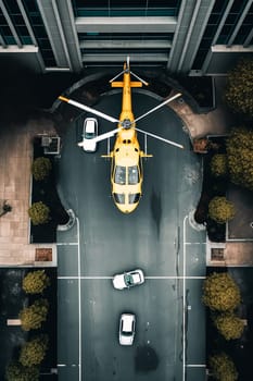 A yellow helicopter is stationed in front of a building, its vibrant hue contrasting against the architectural backdrop, symbolizing aviation readiness.