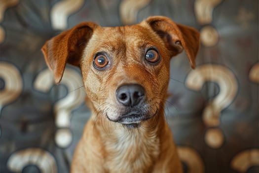 A brown dog with a curious expression looks directly at the camera, with a blurred background of question marks.