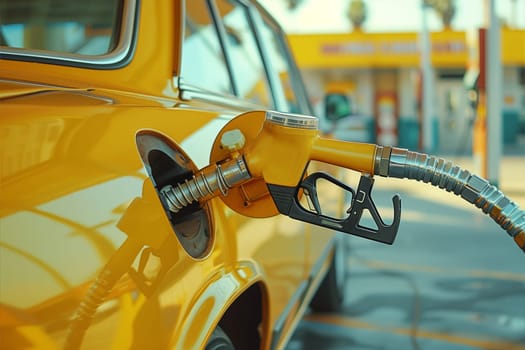 A yellow car is parked at a gas station with a gas pump nozzle inserted into its fuel tank, ready for refueling.