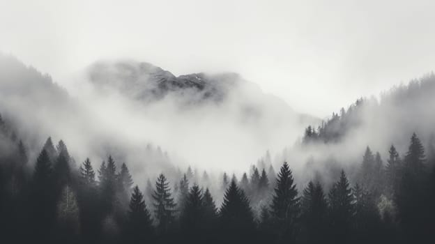 Layers of forested hills shrouded in morning mist present a serene, monochromatic view - Generative AI