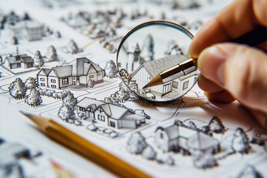 A hand holds a magnifying glass over a hand-drawn plan of a house and surrounding neighborhood.