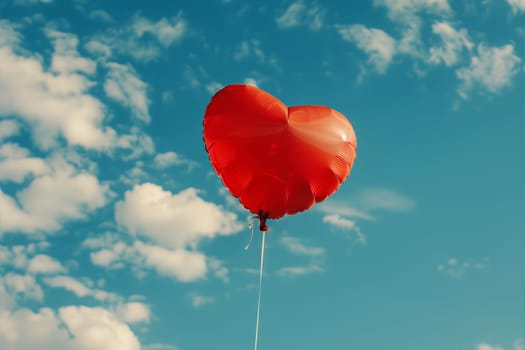 A red heart shaped balloon drifts gracefully in the atmosphere.