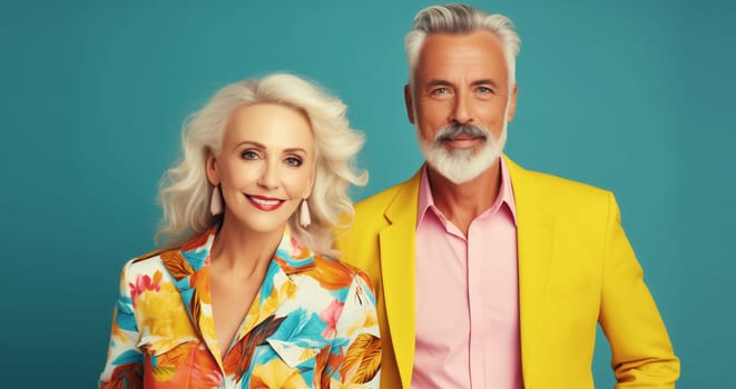 Portrait of stylish beautiful mature woman and man, modern trendy senior couple posing together on colorful studio background