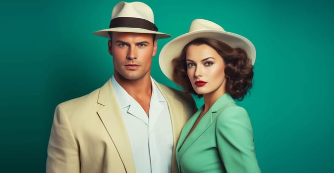 Portrait of beautiful elegant stylish woman and man in retro style, American couple together posing on turquoise background