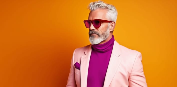 Fashionable portrait of stylish handsome mature man in yellow business suit, glasses looking away posing on colorful pink studio background