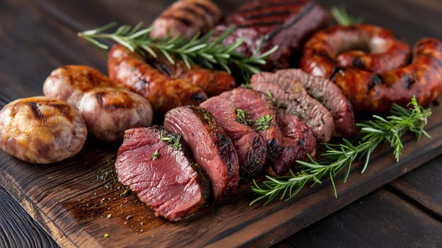 A variety of succulent grilled meats and sausages, garnished with fresh rosemary, arranged elegantly on a rustic wooden serving board - Generative AI