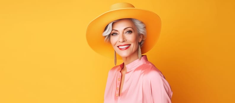 Fashion portrait of beautiful stylish elegant happy mature woman with gray hair wearing yellow suit, hat posing on colorful yellow studio background