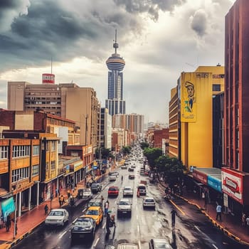 A busy city street with a tall building in the background. The sky is cloudy and the sun is shining through the clouds