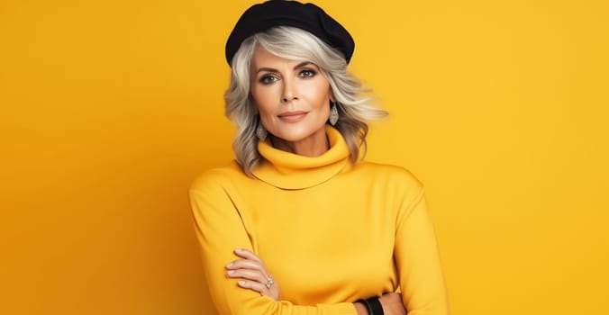 Fashion portrait of beautiful stylish elegant happy mature woman with gray hair wearing yellow suit, hat posing on colorful yellow studio background