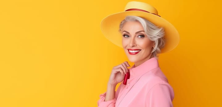 Fashion portrait of beautiful stylish elegant happy mature woman with gray hair wearing yellow suit, hat posing on colorful yellow studio background