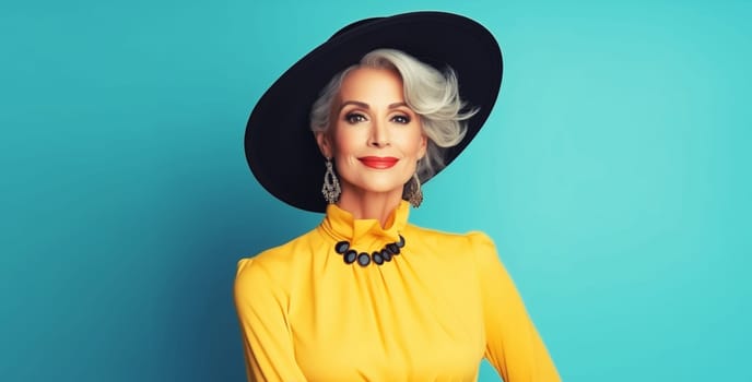 Fashion portrait of beautiful stylish elegant happy mature woman with gray hair wearing yellow suit, hat posing on colorful yellow studio background