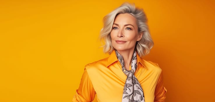 Fashion portrait of stylish happy smiling mature woman with gray hair in bright colorful clothes posing on yellow studio background