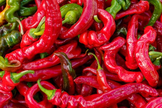 A pile of vibrant red hot peppers, with some green ones interspersed, prominently displayed. Their twisted shapes and glossy skins are highlighted, emphasizing their freshness and the warm, sunny environment.