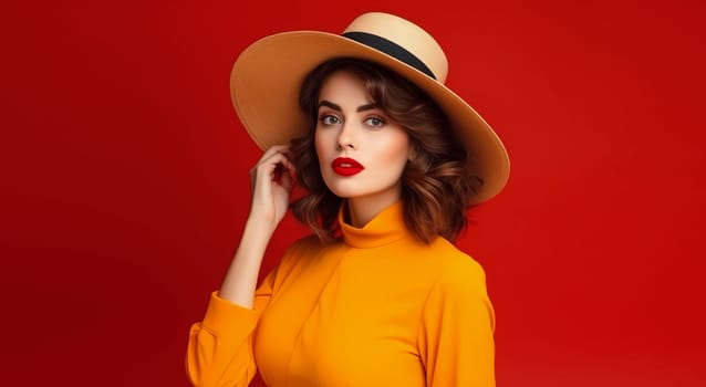 Portrait of beautiful elegant stylish woman in round hat, lady in retro style posing on red background