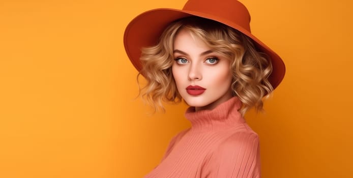 Portrait of beautiful elegant stylish woman in round hat, lady in retro style posing on colorful orange background