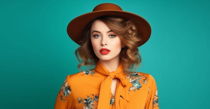 Portrait of beautiful elegant stylish woman in round hat, lady in retro style posing on green background