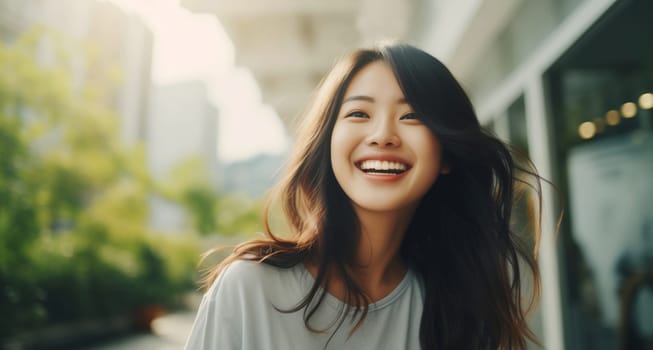 Portrait of inspired happy laughing asian young woman enjoys a summer walk in sunny city