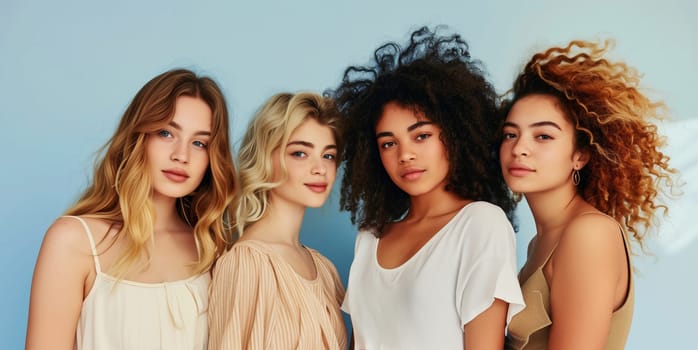 Group of beautiful stylish young women together, four girls models posing on blue studio background