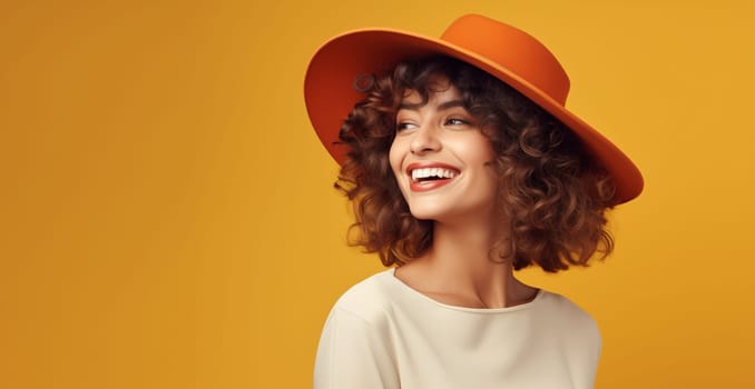 Portrait of beautiful elegant stylish happy woman in round hat, young lady posing on colorful orange background