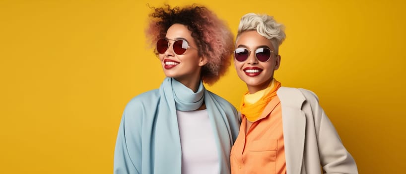 Fashionable portrait of stylish beautiful young two women models in glasses posing on colorful yellow studio background