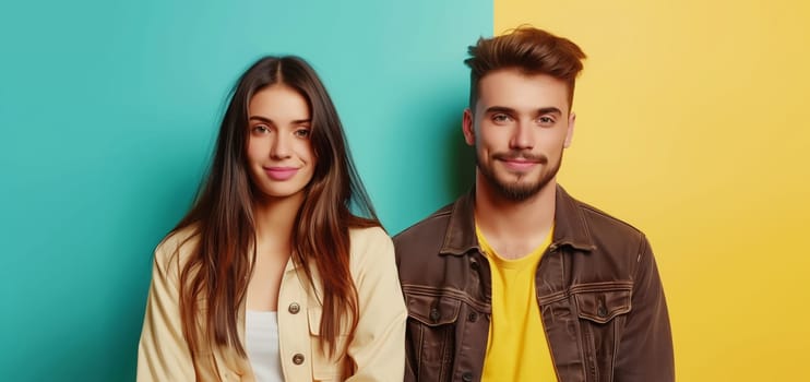 Portrait of stylish beautiful happy woman and man, modern young couple posing together on colorful studio background