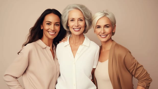Portrait of beautiful happy smiling mature women together, three cheerful girlfriends with toothy smiles on brown studio background