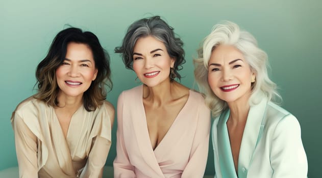 Portrait of beautiful happy smiling senior asian women together, three chinese girlfriends on pastel studio background