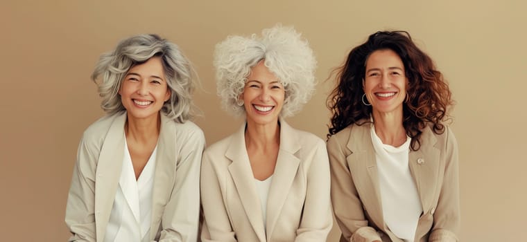 Portrait of beautiful happy smiling senior asian women together, three chinese girlfriends on brown studio background