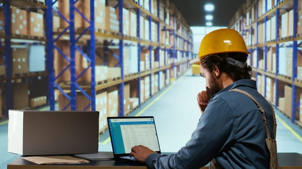 Trade administrator setting up billing statement for goods delivery, working on shipping and distribution logistics. Storage facility worker evaluating dispatch notes for inventory control.