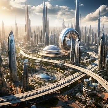 A futuristic city with tall buildings and a large dome in the middle. The dome is surrounded by a lot of traffic and cars