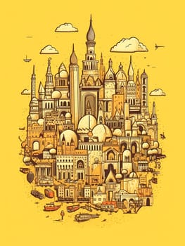 A yellow poster with many buildings and a boat. The poster is titled "Cityscape". The poster is meant to showcase the diversity of architecture