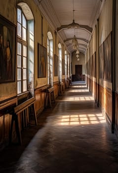 A long hallway with a few wooden benches and a few paintings on the wall. The hallway is very long and has a lot of sunlight coming in