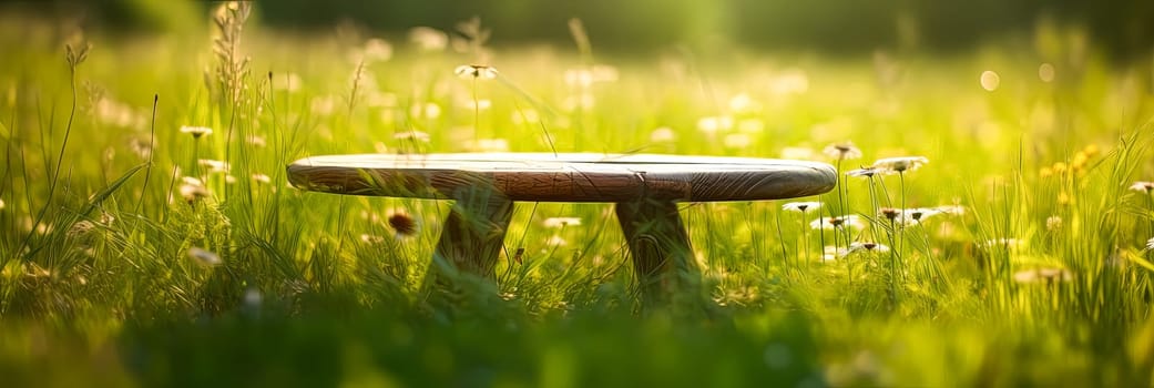 A round stone bench sits in a field of grass. The bench is surrounded by a large amount of grass, and the sun is shining brightly on it. The scene is peaceful and serene