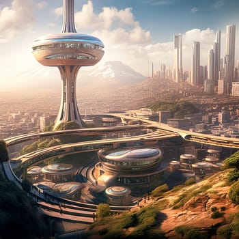A futuristic city with a tall tower in the center. The city is full of buildings and people walking around
