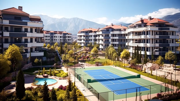 A tennis court is nestled amidst lush greenery, bordered by a verdant field and overlooked by a grand building, creating a picturesque sports setting.