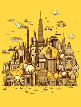 A yellow poster with many buildings and a boat. The poster is titled "Cityscape". The poster is meant to showcase the diversity of architecture