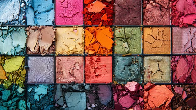 Close up of a multi colored eyeshadow palette showing rich hues and visible texture.