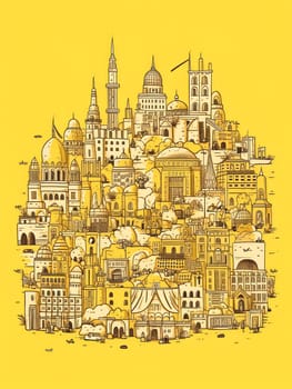 A yellow poster with many buildings and a boat. The poster is titled "Cityscape". The poster is meant to showcase the diversity of architecture