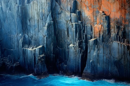 A painting of a rocky shoreline with a body of water in the foreground. The water is blue and the rocks are white. The mood of the painting is serene and peaceful