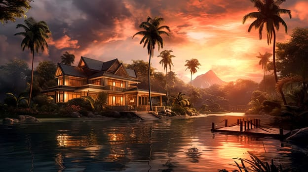 A beautiful beach scene with a house in the background. The house is surrounded by palm trees and the water is calm. The sky is orange and pink, creating a warm and inviting atmosphere