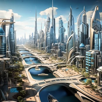 A futuristic cityscape with tall buildings and a river running through it. The city is filled with people and boats, and there are many skyscrapers in the background. Scene is one of excitement