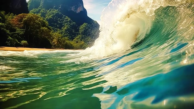 A wave is crashing on a beach with trees in the background. The water is a beautiful shade of blue