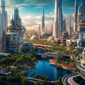 A futuristic city with tall buildings and a large body of water. The city is filled with people and has a sense of excitement and wonder