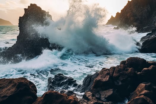 The ocean is crashing against the rocks, creating a powerful and dramatic scene. The waves are high and the water is frothy, giving the impression of a wild and untamed force of nature